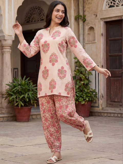 Youthnic Women'Linen Floral Print Summer Wear Straight Short Kurti With farshi Salwar Set - Image 5