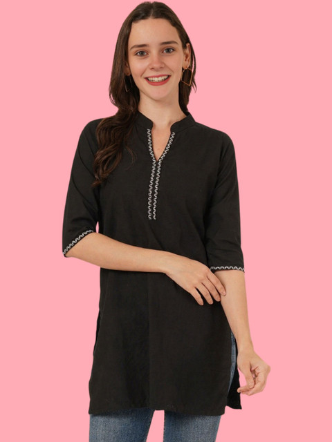 Hyba Embellished Mandarin Collar Cotton Blend Short Kurta Top