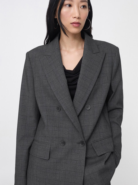 MANGO Checked Padded Shoulder Double-Breasted Smart Casual Blazer