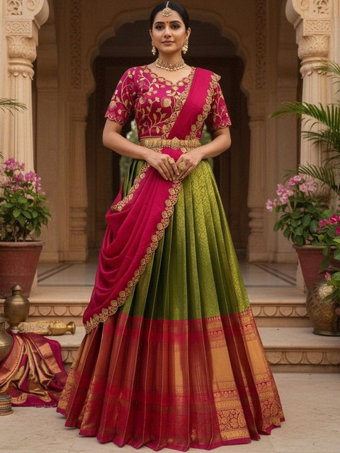 Pink Bindi Embroidered Semi-Stitched Lehenga & Blouse With Dupatta