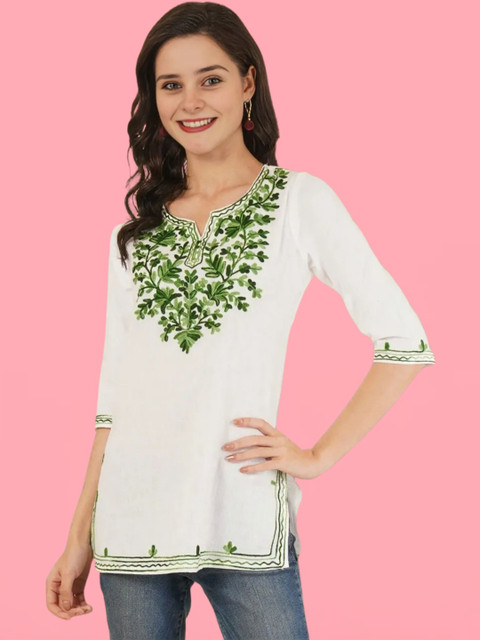 Hyba Floral Embroidered Cotton Blend Short Kurta Top