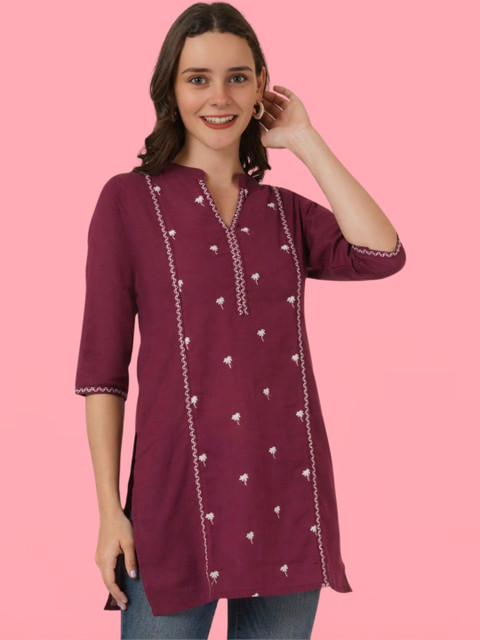 Hyba Embellished Embroidered Mandarin Collar Cotton Blend Short Kurta Top