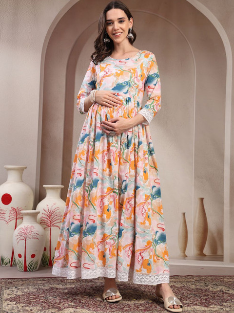 Pristyle Women Printed Thread Work Maternity Anarkali Kurta