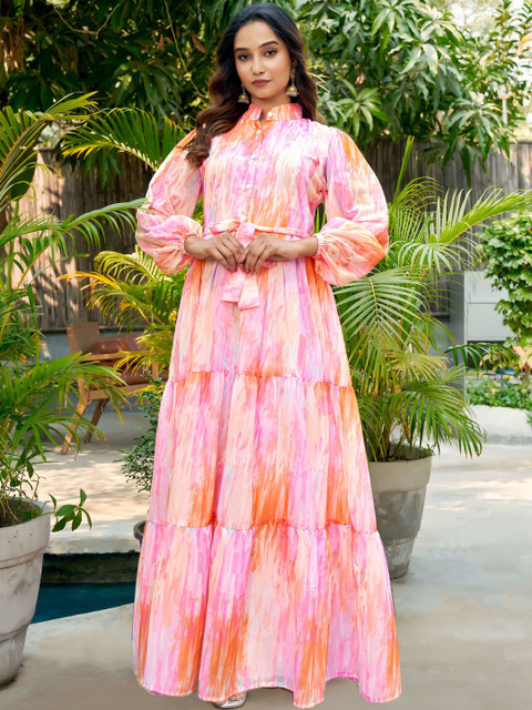 SARINKU Print Bishop Sleeve Georgette A-Line Maxi Dress