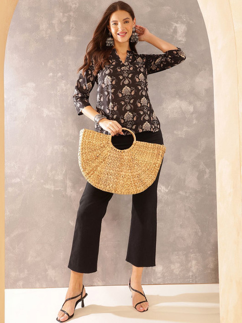 TINRANG Print Mandarin Collar Ethnic Cotton Top