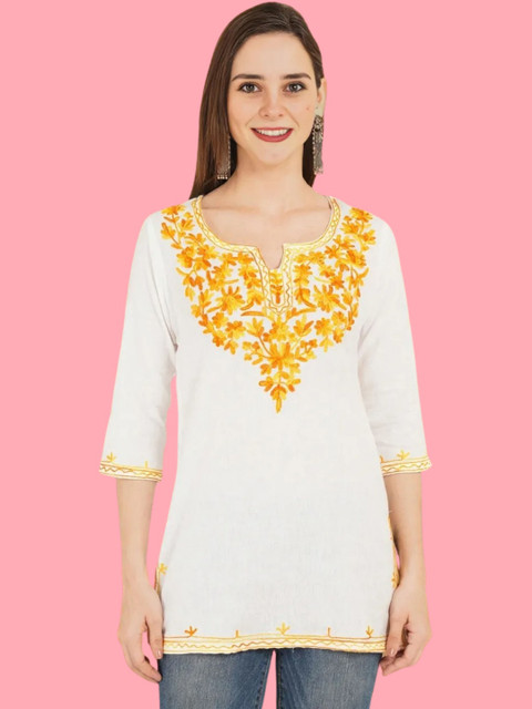 Hyba Floral Embroidered Ethnic Cotton Blend Short Kurta Top