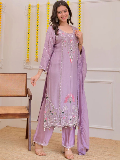 Laxmichhaya Women Purple Floral Embroidered Motif Straight Kurta with Palazzos and Dupatta - Image 2