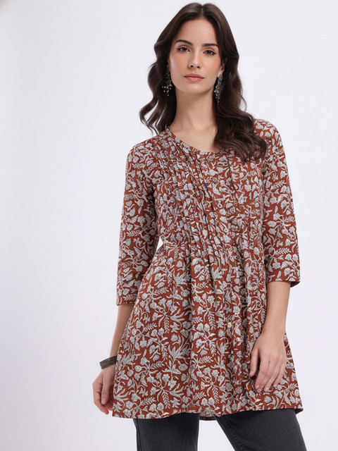 fusion by glitchez Floral Printed Pleated Detailed Pure Cotton A-Line Kurti