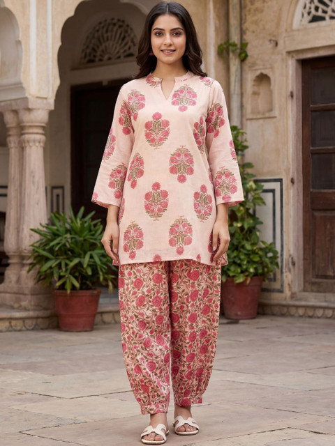 Youthnic Women'Linen Floral Print Summer Wear Straight Short Kurti With farshi Salwar Set - Image 4
