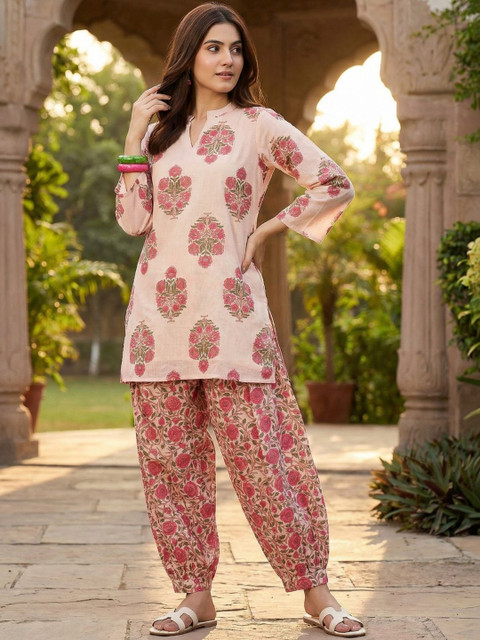Youthnic Women'Linen Floral Print Summer Wear Straight Short Kurti With farshi Salwar Set - Image 3