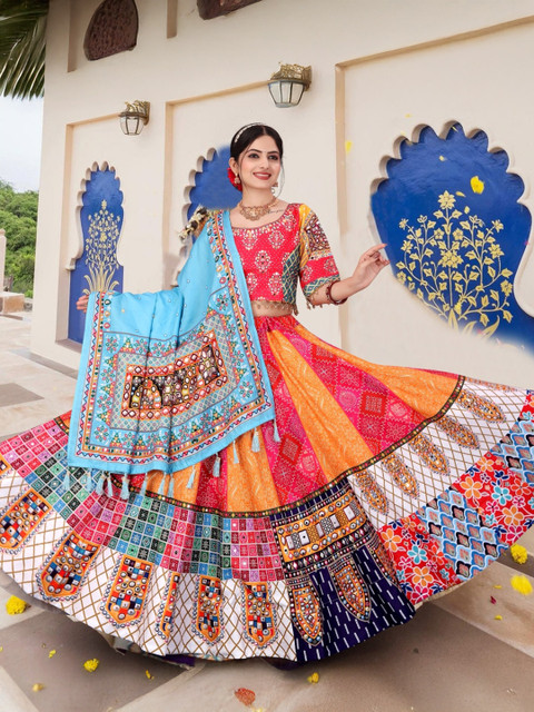 Shubh-Viyan Textiles Mirror Work Semi-Stitched Lehenga & Unstitched Blouse With Dupatta