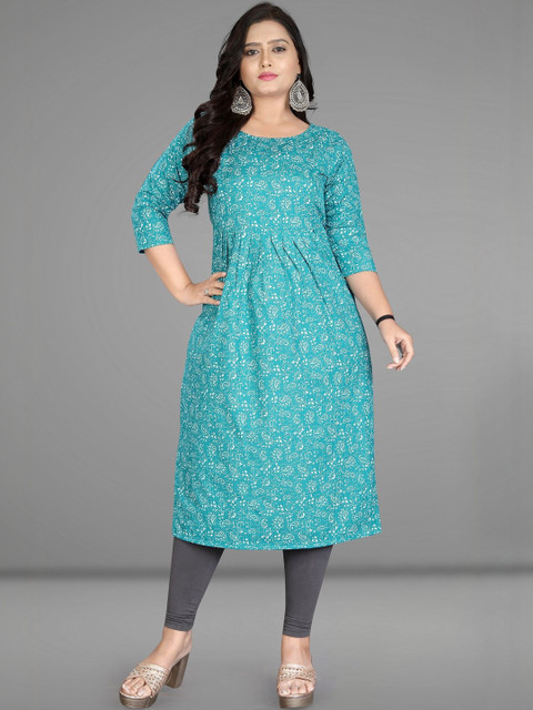 Lerkiza Women Geometric Printed Mirror Work Block Print Khadi Maternity Anarkali Kurta