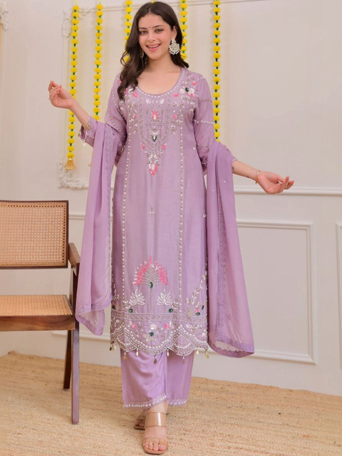 Laxmichhaya Women Purple Floral Embroidered Motif Straight Kurta with Palazzos and Dupatta