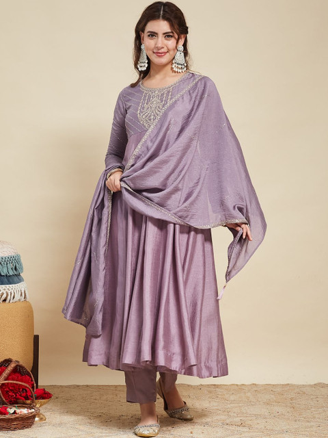 MOKOSH Women Ethnic Motifs Embroidered Panelled Thread Work Pure Silk Kurta with Trousers & With Dupatta