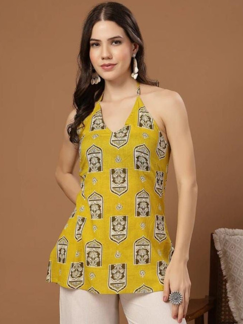 LABEL ADRIJA Print Halter Neck Ethnic Cotton Blend Top