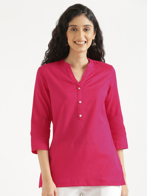 SAADAA Mandarin Collar Cotton Linen Straight Kurti