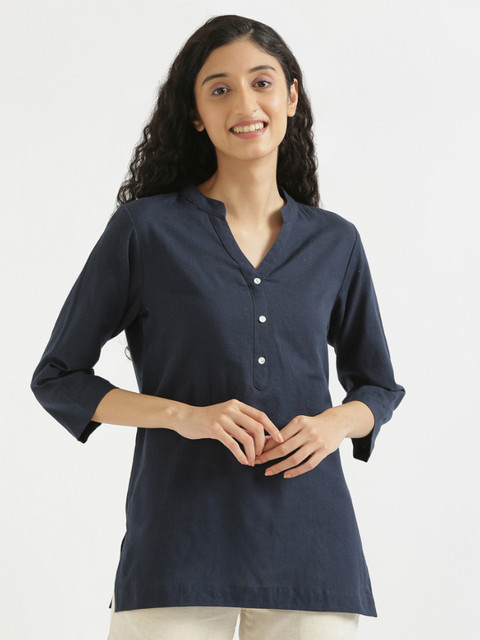 SAADAA Mandarin Collar Cotton Linen Straight Kurti