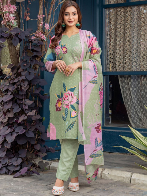 PITRIS Women Floral Printed Regular Kurta with Trousers & With Dupatta
