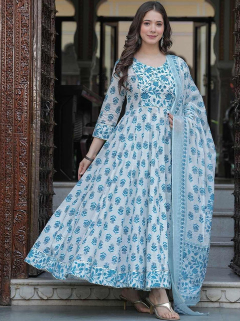 Sangria Printed Pure Cotton Round Neck Anarkali Kurta & Trousers With Dupatta