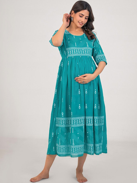 Pahiya Ethnic Motifs Print Maternity A-Line Midi Dress