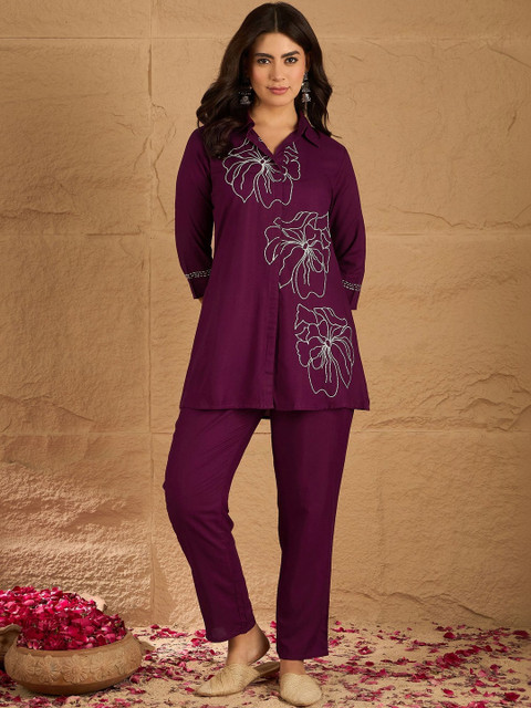 Anouk Mirage Embroidered Shirt Collar Neck Top With Trouser Co-Ords