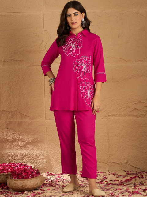Anouk Mirage Embroidered Shirt Collar Neck Top With Trouser Co-Ords
