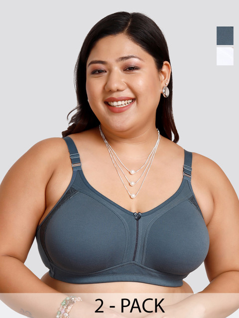 MAASHIE Pack of 2 Plus Size Full Coverage Side Panel Lace Double Layered Cups Everyday Bra