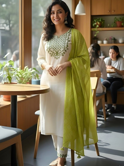 HERE&NOW Women Ethnic Motifs Embroidered Regular Thread Work Pure Cotton Kurta with Trousers & With Dupatta