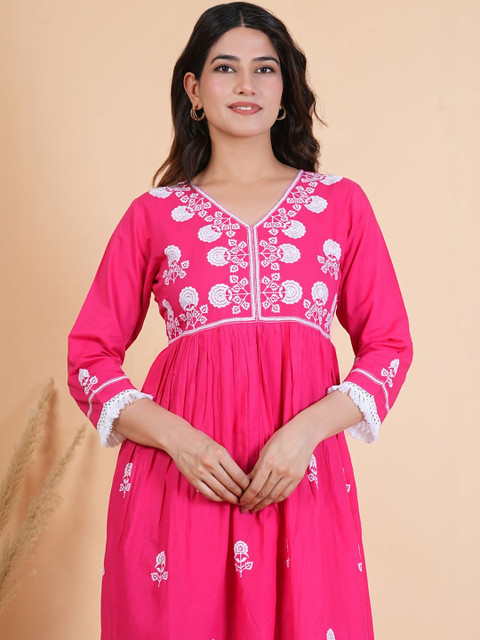 KALPARUN Ethnic Motifs Embroidered A-Line Midi Dress