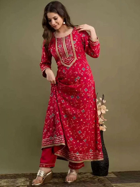 Sangria Printed Round Neck Anarkali Kurta & Trousers With Dupatta