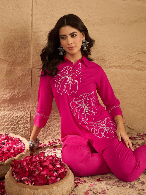 Anouk Mirage Embroidered Shirt Collar Neck Top With Trouser Co-Ords - Image 7