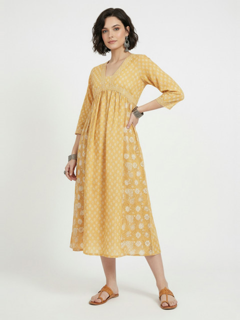 fusion by glitchez Floral Printed A-Line Midi Dress