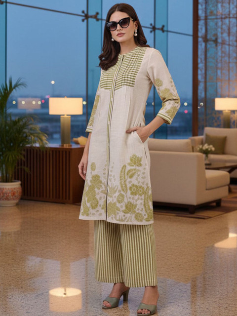 KALINI WomenParrot Green Floral Printed Pure Flex Cotton Co-ord Set