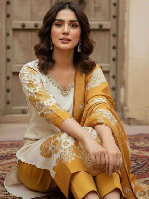 Anouk Women Floral Embroidered Thread Work Pure Cotton Kurta with Trousers & With Dupatta - Image 4