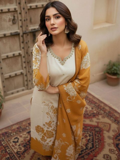Anouk Women Floral Embroidered Thread Work Pure Cotton Kurta with Trousers & With Dupatta - Image 2