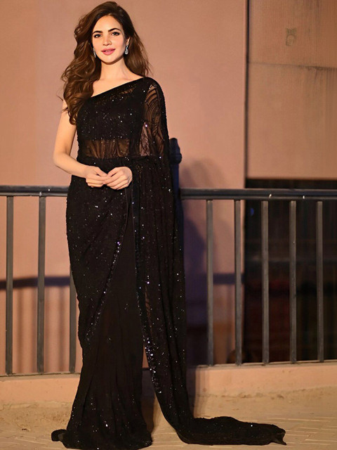 SANISA Woven Design Sequinned Poly Georgette Heavy Work Saree