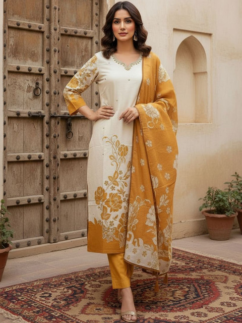 Anouk Women Floral Embroidered Thread Work Pure Cotton Kurta with Trousers & With Dupatta - Image 5