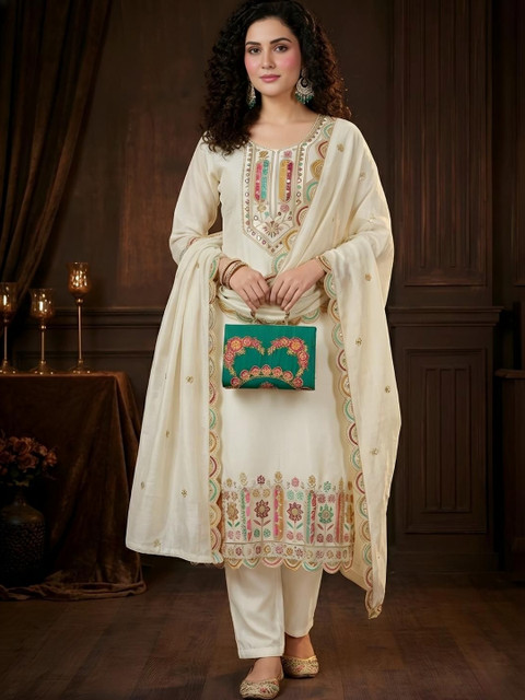 HERE&NOW Women Ethnic Motifs Embroidered Regular Thread Work Kurta with Trousers & With Dupatta