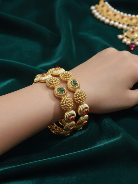 AARNAA Set Of 2 Gold Plated Kundan Studded & Beaded Bangles