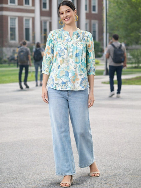 DressBerry Floral Print Mandarin Collar Linen Lace Top