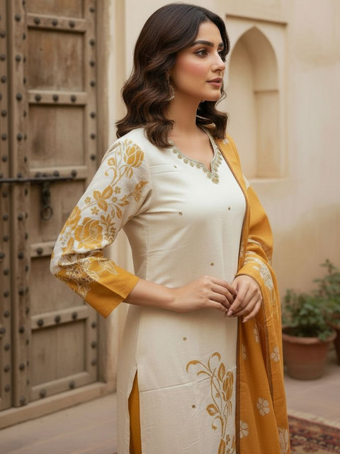 Anouk Women Floral Embroidered Thread Work Pure Cotton Kurta with Trousers & With Dupatta - Image 3