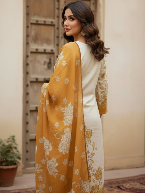 Anouk Women Floral Embroidered Thread Work Pure Cotton Kurta with Trousers & With Dupatta - Image 7