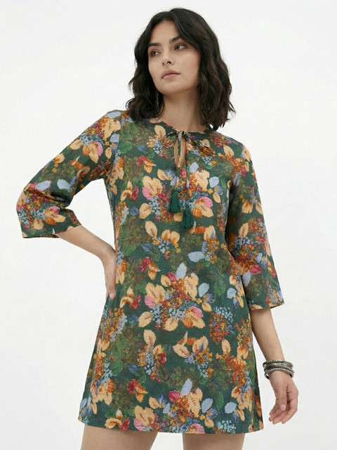fusion by glitchez Floral Print Tie-Up Neck Flared Sleeve A-Line Mini Dress