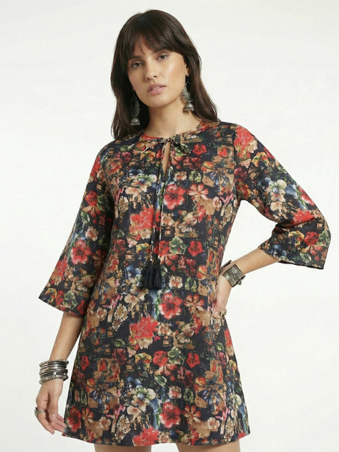 fusion by glitchez Floral Print Tie-Up Neck Flared Sleeve A-Line Mini Dress