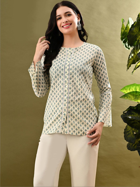 DressBerry Print Flared Sleeve Ethnic Cotton Lace Top