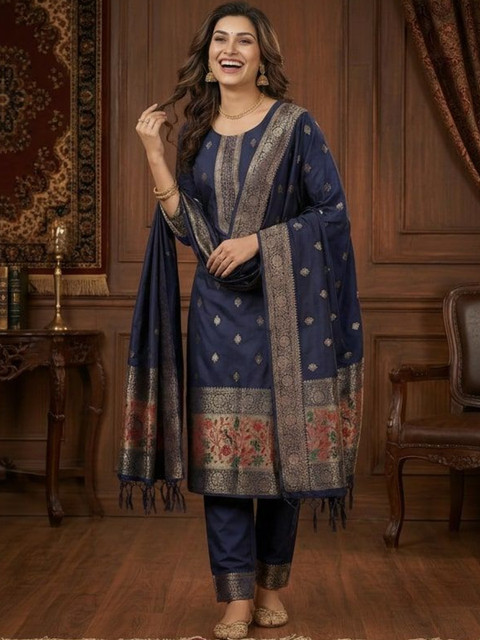 HERE&NOW Women Ethnic Motifs Regular Pure Silk Kurta with Trousers & With Dupatta