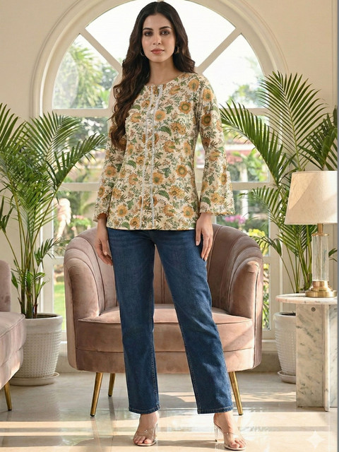 DressBerry Floral Print Bell Sleeve Cotton Lace Top