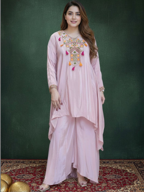 Navlik Women Ethnic Motifs Embroidered Regular Thread Work Silk Crepe Kurta with Palazzos