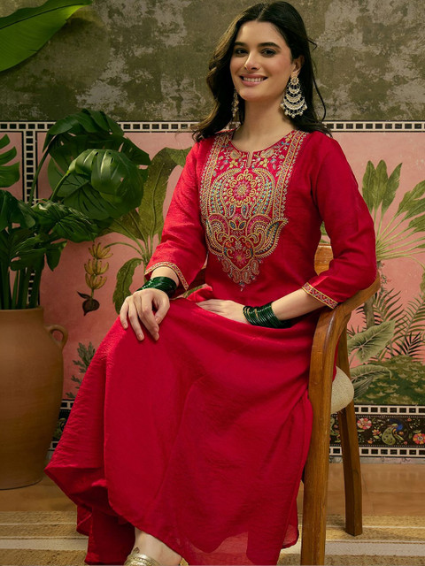Sangria Embroidered Round Neck Kurta & Palazzos