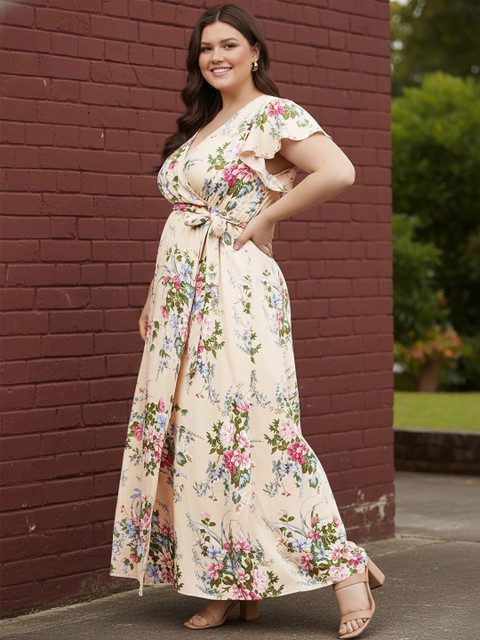 Berrylush Curve Plus Size Beige Floral Printed Flutter Sleeves Belted Maxi Dress - Image 3